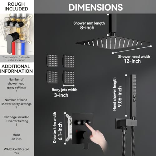 STARBATH Shower System with Body Jets, 12" Rainfall Shower head with 2 in 1 Handheld Spray, Can Use All at Once,Ceiling Mount Push Button Complete Shower Faucet Set with Valve and Trim Kit Matte Black - color: Matte Black, size: 12"-01