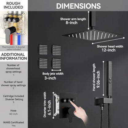 STARBATH Shower System with Body Jets, 12" Rainfall Shower head with 2 in 1 Handheld Spray, Can Use All at Once,Ceiling Mount Push Button Complete Shower Faucet Set with Valve and Trim Kit Matte Black - color: Matte Black, size: 12"-01