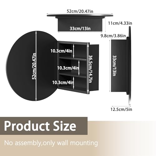 Black Medicine Cabinet Mirror, Wall Mounted Bathroom Vanity with Mirror, 20.47" Round Bathroom Medicine Cabinet with Storage Function, Removable Shelves, Metal, NO Assembly