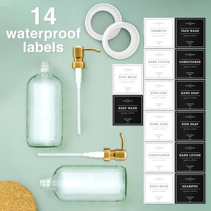 Vine Creations Glass Soap Dispenser, 2 Pack Kitchen Soap Dispenser Set with Stainless Steel Pump, 16 oz Dish Soap and Hand Soap Dispensers for Bathroom with Waterproof Labels (Clear) - color: Clear Bottle / Gold Pump
