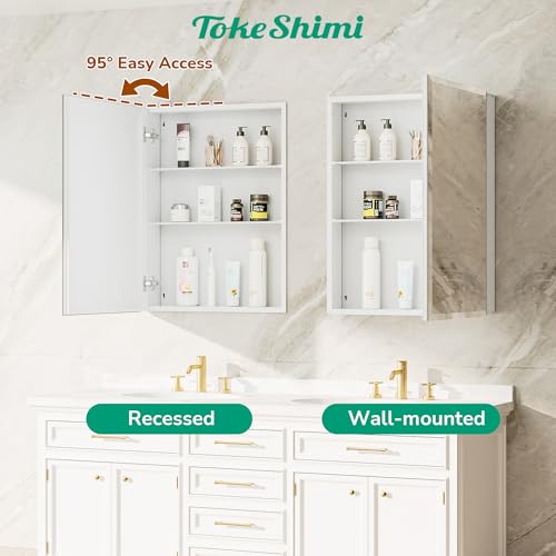 16 x 20 Mirrored Medicine Cabinet, Tempered Beveled Mirror, White Medicine Cabinet with Mirror, Assembly Required, Stepless Adjustable Shelves, Recessed/Wall Mount
