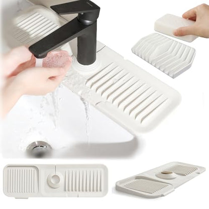 Kitchen Silicone Sink Splash Guard, 5° Slope Type Design Sink Mat,Sink Faucet Handle Drip Catcher Tray Mat Protectors,Sponge Holder and Bathroom Countertop Protect(include 1pcs extra storage mat)