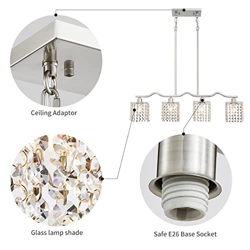 WUZUPS Crystal Chandelier 4-Light Linear Raindrop Pendant Ceiling Light Modern Lighting Fixture for Bedroom Dinning Room Bar Kitchen Island, H8.7'' W4.7'' L30.5, E12 Base, Nickel - color: Nickel Pendant Light