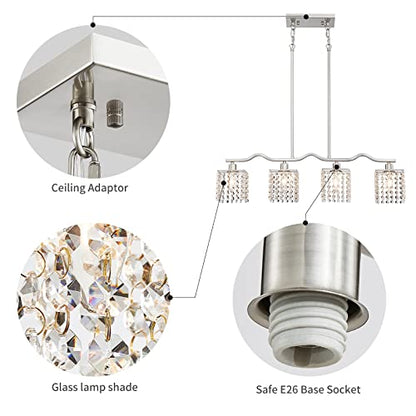 WUZUPS Crystal Chandelier 4-Light Linear Raindrop Pendant Ceiling Light Modern Lighting Fixture for Bedroom Dinning Room Bar Kitchen Island, H8.7'' W4.7'' L30.5, E12 Base, Nickel - color: Nickel Pendant Light