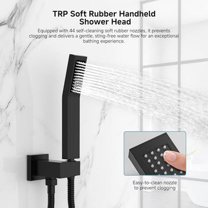 SR SUN RISE Shower Faucet Set & System - 12 Inch Rainfall Shower Head & Handle Set Wall Mounted Matte Black Solid Brass Valve Trim Kit Included - color: Matte Black, size: 12 Inch