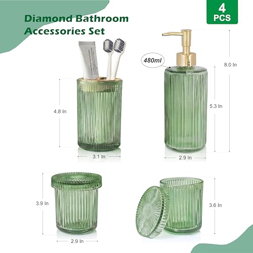 Green Bathroom Accessories Set 4 Pcs, Glass Bathroom Set | Bathroom Accessories Includes Soap dispenser, Toothbrush holder & Qtip holders, Modern Bathroom Decor, Housewarming Gift Set - style: 4 pcs Green