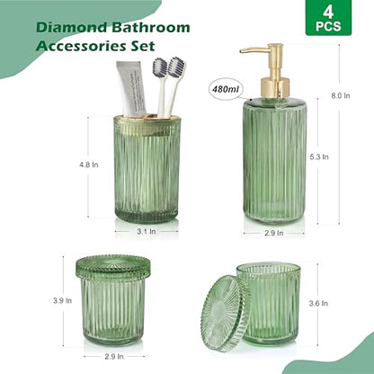 Green Bathroom Accessories Set 4 Pcs, Glass Bathroom Set | Bathroom Accessories Includes Soap dispenser, Toothbrush holder & Qtip holders, Modern Bathroom Decor, Housewarming Gift Set - style: 4 pcs Green