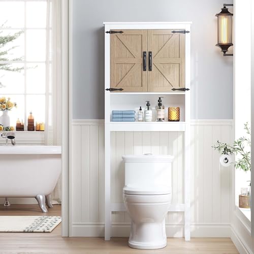 Spirich Over the Toilet Storage Cabinet with Wood-Grain Barn Doors, White | Adjustable Shelves, 33-Inch Toilet Clearance, Adjustable Bottom Rail, Anti-Tip Device, Farmhouse Style, FSC-Certified Wood
