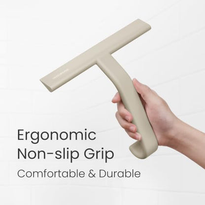 JustHang Shower Squeegee with Built-in Hook, 10-Inch Light Taupe | Award-Winning Design, All-One-Piece Soft-Touch Silicone, for Glass Door, Bathroom, Window, Mirror, Tile Wall, Car - color: Light Taupe