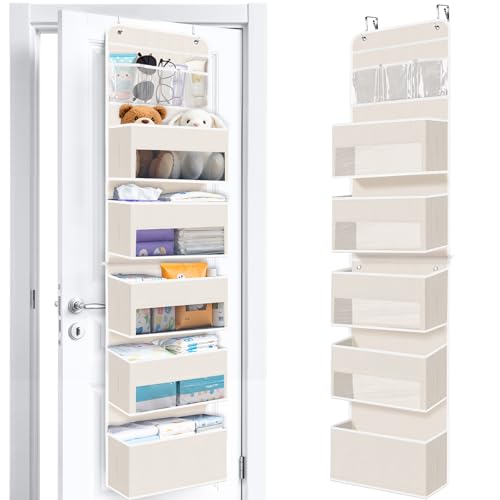 Over The Door Organizer Storage behind Door Hanging Organizer for Nursery | 6 Tier, Detachable, Clear Window, Sturdy Construction, Space-Saving Storage for Closet, Bedroom, Bathroom & Nursery - color: Beige, size: 6-Tier