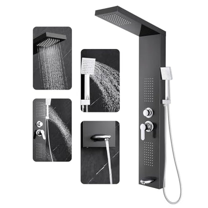 ROVOGO Shower Panel Tower System with 4 Shower Modes, 46.5", No Led Lights | Rainfall Shower Head, 2 Body Jets, Handheld and Tub Spout, Stainless Steel Shower Column with Brass Mixing Valve, Black - color: Black-no led