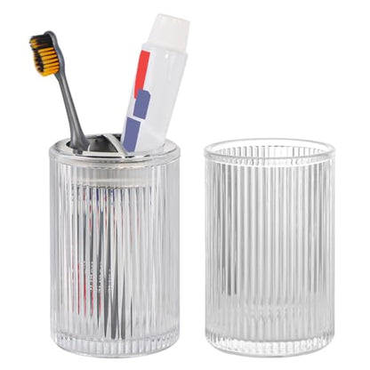 Clear Toothbrush Holders for Bathrooms, 2pcs Glass Toothbrush Holder and 12oz Bathroom Tumbler Cup Set, Silver Tooth Brush and Toothpaste Organizer for Bathroom Vanity Countertop - color: Clear Silver
