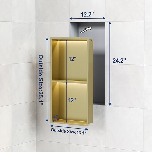 Gold 2-Tier 3 CCT LED Niche, 12"x24" No-Tile Shower Storage | shower niche with 3-Temperature LED Strip Light (4000K/6000K/3000K),Waterproof, Sturdy&Durable,304 Stainless Steel Wall Niche - color: Gold, size: 12X24In
