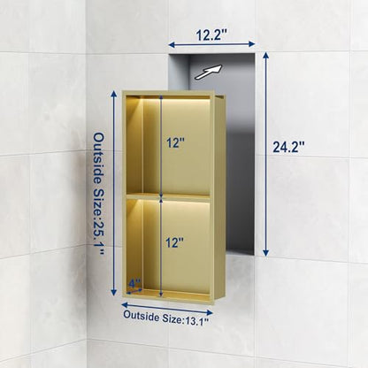 Gold 2-Tier 3 CCT LED Niche, 12"x24" No-Tile Shower Storage | shower niche with 3-Temperature LED Strip Light (4000K/6000K/3000K),Waterproof, Sturdy&Durable,304 Stainless Steel Wall Niche - color: Gold, size: 12X24In