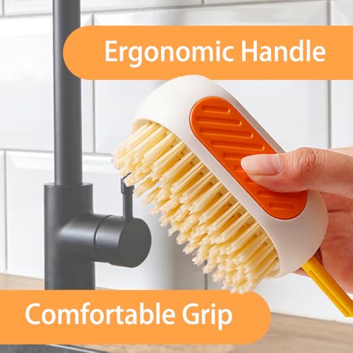 All-in-One Refillable Scrub Brush with Built-in Tank, Press to Dispense Solution for Multi-Surface Cleaning: Clothes, Shoes, Wheels, Kitchen, Bathroom. Hangable, Large Capacity, Dense PET Bristles