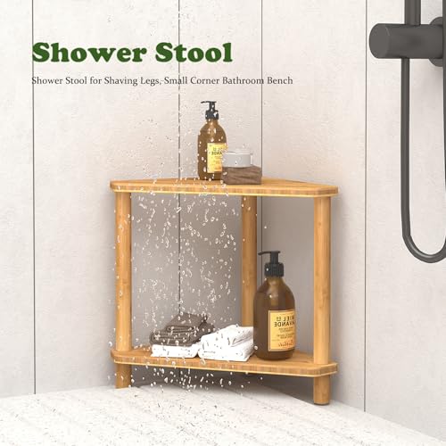 Corner Shower Stool for Inside Shower 2-Tier,Bamboo Shower Bench | Shower Caddy For Foot Rest with Storage,Bathroom Stool For Shaving Leg,Space Saving,Waterproof,Durable, Easy To Assemble - style: GU-QZST