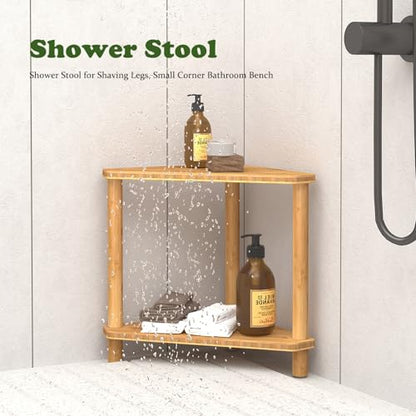 Corner Shower Stool for Inside Shower 2-Tier,Bamboo Shower Bench | Shower Caddy For Foot Rest with Storage,Bathroom Stool For Shaving Leg,Space Saving,Waterproof,Durable, Easy To Assemble - style: GU-QZST