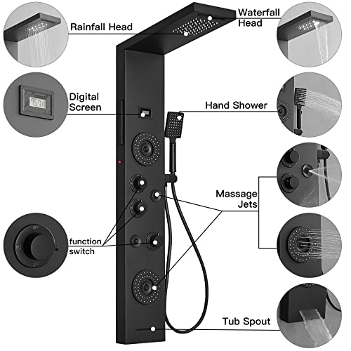 BWE Shower Panel Tower System Matte Black | LED Rainfall Waterfall Shower 6-Function Faucet 4 Mist Jets 2 Body Sprays with Handheld and Waterfall Tub Spout - color: Black