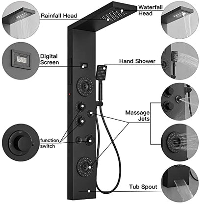BWE Shower Panel Tower System Matte Black | LED Rainfall Waterfall Shower 6-Function Faucet 4 Mist Jets 2 Body Sprays with Handheld and Waterfall Tub Spout - color: Black