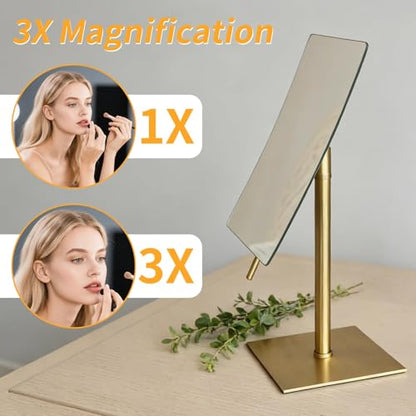 Bronze Table Standing Rectangular Vanity Makeup Mirror with 3X Magnification, Highly Adjustable, Crafted from 304 Stainless Steel, for Hotel Bathroom - color: Bronze
