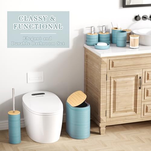 XLHOMO Light Blue Bathroom Set - 10PC Bathroom Accessories Set, Luxury Bathroom Accessory Set with Trash Can,Toilet Brush & 2 PC Soap Dispensers for Apartment Decor and Housewarming - size: Press-lid Bathroom Set, style: Light Blue