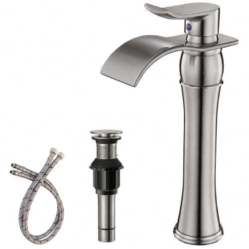 BWE Brushed Nickel Bathroom Vessel Sink Faucet 1 Hole, Modern Style | Single Handle, Wide Waterfall Spout, Ceramic Cartridge, Solid Brass Body, Pop-Up Drain & Water Line Included, Easy Install, - color: Brushed Nickel