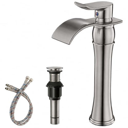 BWE Brushed Nickel Bathroom Vessel Sink Faucet 1 Hole, Modern Style | Single Handle, Wide Waterfall Spout, Ceramic Cartridge, Solid Brass Body, Pop-Up Drain & Water Line Included, Easy Install, - color: Brushed Nickel