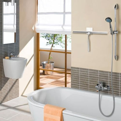 Shower Squeegees Stainless Steel with Self Adhesive Hook Window Squeegees for Shower Doors Bathroom Mirror Wiper, Window Glass Cleaning - size: 12 Inches