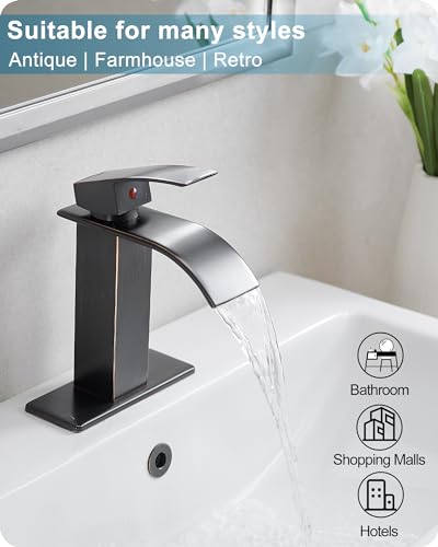 Waterfall Bathroom Faucet Oil Rubbed Bronze, Brass 4 Ins Bathroom Faucets One Hole or 3 Hole, Single Handle with Deck Plate, Pop-up Drain & Water Hose - color: Oil Rubbed Bronze - Farmhouse