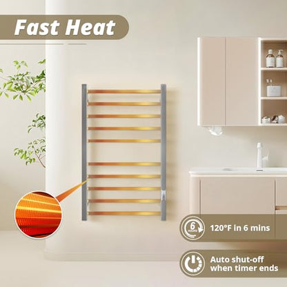 Towel Warmers for Bathroom, 10 Bar Large Heated Towel Rack, Brushed Nickel | Wall Mounted, Built-in 2/4H Timer, IPX4 Waterproof Stainless Steel, Plug-in, Fast Heating Large Capacity for Bathroom Spa Gym