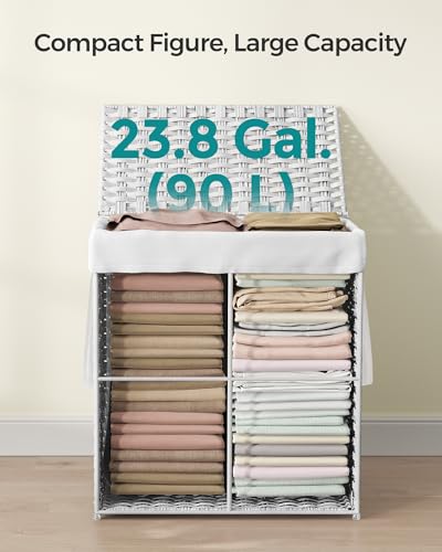 SONGMICS Laundry Hamper with Lid, 23.8 Gallon (90 L) Synthetic Rattan Clothes Laundry Basket with Lid and Handles, Foldable, Removable Liner, Cloud White ULCB51WT - color: Cloud White, size: 90 L