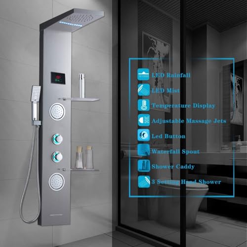 ELLO&ALLO Shower Panel System Tower with Shelf, LED Rainfall and Mist Shower Head Rain Massage Stainless Steel Shower Fixtures with Body Jets, Brushed Nickel