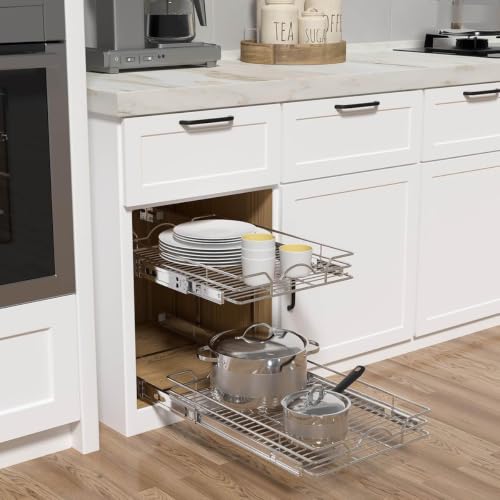 OCG 2 Tier Pull Out Cabinet Organizer (12.5" W x 21" D), Pull Out Drawers for Kitchen Cabinets, Pull Out Shelves for Base Cabinet Organization in Kitchen Bathroom Pantry, Chrome Finish - size: 12.5"W x 21"D, 2 Tier