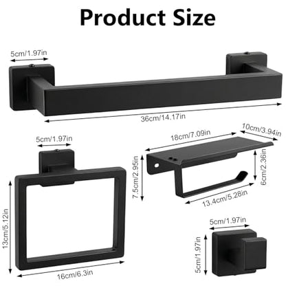 Tudoccy 5-Pieces Matte Black Bathroom Accessories Set, Bathroom Hardware Set SUS304 Stainless Steel Rustproof Wall Mounted - Includes 16" Hand Towel Bar, Toilet Paper Holder with Shelf, Towel Hooks | Rustproof Wall-mounted Hand Towel Bar, Roilet Paper Hol