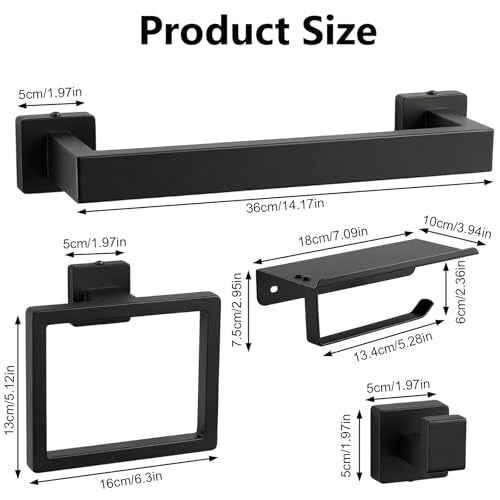 Tudoccy 5-Pieces Matte Black Bathroom Accessories Set, Bathroom Hardware Set SUS304 Stainless Steel Rustproof Wall Mounted - Includes 16" Hand Towel Bar, Toilet Paper Holder with Shelf, Towel Hooks | Rustproof Wall-mounted Hand Towel Bar, Roilet Paper Hol