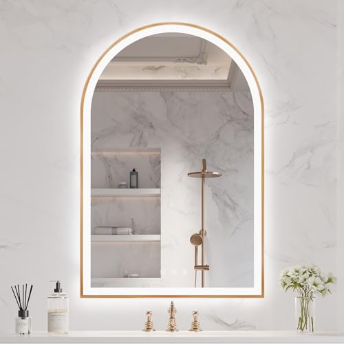 24"x36" Arched LED Lighted Bathroom Mirror with Lights | Orange Aluminum Frame, Fogless, Dimmable, Shatterproof, Touch Sensor, 3 Color Changing - color: Orange, size: 36"L x 24"W