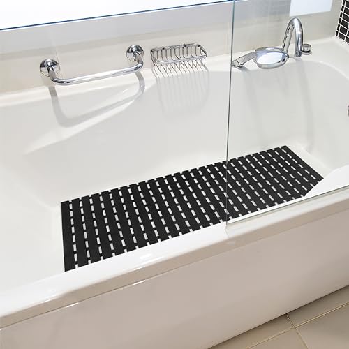 BEMISO Shower Mat Non Slip Bathtub Mat with Suction Cups and Drain Holes 37.4 x15.7 Inch Bath Mat for Tub & Shower.Easy Dry,Easy to Cut,Eco-Friendly - color: Black, size: 37.4 x 15.7 inches