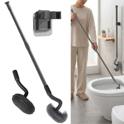 Wall Mounted 31-45 Inch Retractable Long Handle Toilet Brush with 2 Brush Heads (Silicone & Stiff Bristle) - Toilet Bowl Scrubber for Seniors, Pregnant Women, Back Pain Sufferers, Janitors