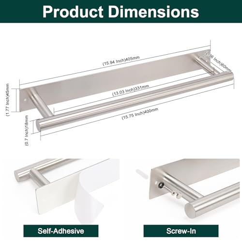 Self Adhesive Towel Bar, 16 Inch Round Towel Racks for Bathroom Wall Mounted SUS304 Stainless Steel Towel Hanger for Kitchen, No Drill or Screw-Mounted Towel Holder (Brushed Nickel) - color: Brushed Nickel