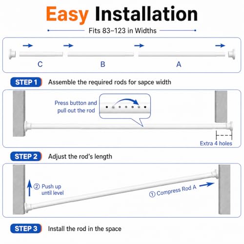 ALLZONE Tension Curtain Rod for Window, 83-123 Inches, Heavy Duty Curtain Rods No Drilling, Non-Slip Bathroom Shower Tension Rod, Renter Friendly, Adjustable, Spring Loaded, Extra Long, White - color: White, size: 83-123 Inches