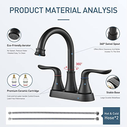 GENBONS Bathroom Faucets for Sink 3 Hole, 4 inch Matte Black with Pop-up Drain and 2 Supply Hoses 2 Handle Centerset Faucet for Sink Vanity - color: Matte Black - C, style: Centerset Bathroom Faucet