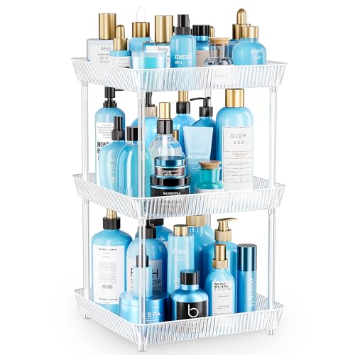 3 Tier Lazy Susan Bathroom Countertop Organizer, 360° Clear Rotating Square Storage Tray, Cosmetics and Perfume Organizer, Spinning Storage Tray Vanity Organizer Shelf for Bathroom Cabinet, Kitchen - size: 3 Tier /10.6 In Square