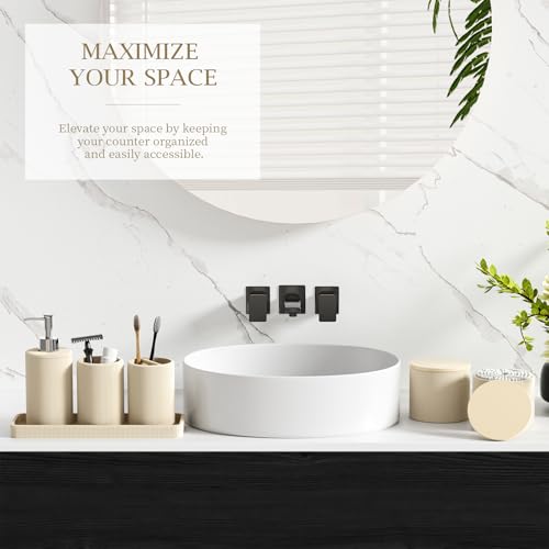 6-Piece Beige Bathroom Set - Mesh Textured Resin Bathroom Accessories Set with Soap Dispenser, Toothbrush Holder, Cup, Vanity Tray & Apothecary Jars for Small Spaces - color: Beige - Mesh Textured
