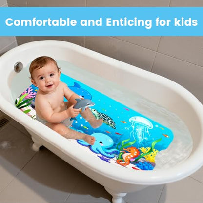 Bathtub Mat for kids Non slip, Dolphins swim happily in the sea (Blue) | 40"x16", Extra Long, Soft, Suction Cup for Strong Grip, Eco Friendly, Easy Clean, Machine Washable - color: Blue