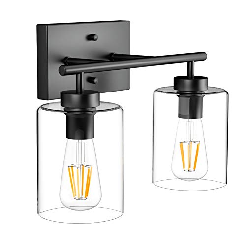 Aipsun 2 Lights Black Vanity Light Fixtures Over Mirror with Clear Glass Shades Industrial Wall Light Fixture for Bathroom(Exclude Bulb) - size: 15 inch
