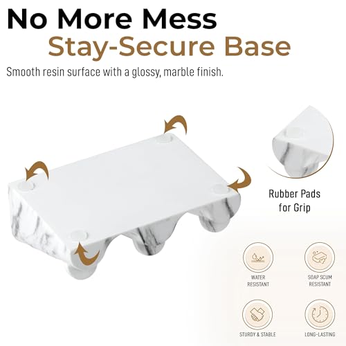 DOXOLOGY White Marble Soap Dish Bathroom Organizer - Resin Soap Dish with Rectangular Design 3.7" L x 2.8" W - Self Draining Soap Dishes Keeps Countertop Neat - Marble Look Soap Tray for Sink