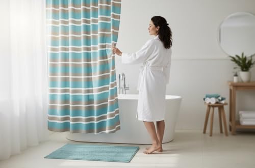 Striped Fabric Shower Curtain, Aqua Brown White Coastal Design, 70 x 72 Inches, with Hooks - color: Wendy Blue