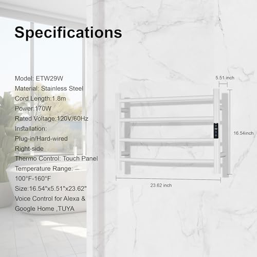 Electric Towel Rack with Voice Control for Alexa & Google Home,TUYA - Wall-Mounted Bathroom Heating Towel Warmer,Plug-in,Stainless Steel Material,16.54x23.62x5.51 in,White,4 Bars - color: White With Wifi, size: 4 Bar