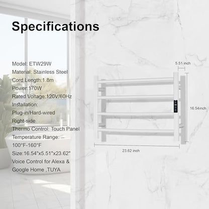 Electric Towel Rack with Voice Control for Alexa & Google Home,TUYA - Wall-Mounted Bathroom Heating Towel Warmer,Plug-in,Stainless Steel Material,16.54x23.62x5.51 in,White,4 Bars - color: White With Wifi, size: 4 Bar