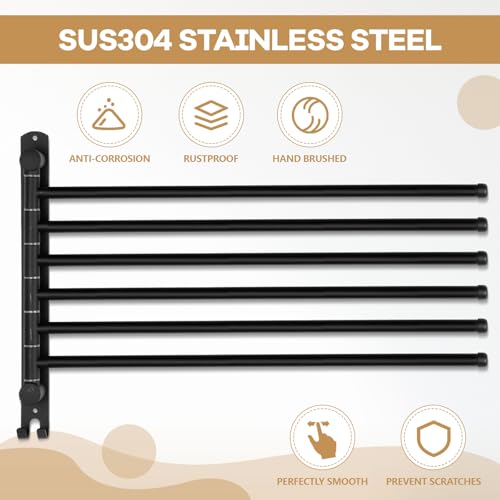 Teenyyou Swivel Towel Rack 20.4 Inches 304 Stainless Steel 6 Arms Bathroom Towel Rack Hanger Space Saving Pool Holder Wall Mounted Swivel Bar with Hook, Matte Black - color: Black, size: 20.4 Inches, style: 6 Arms
